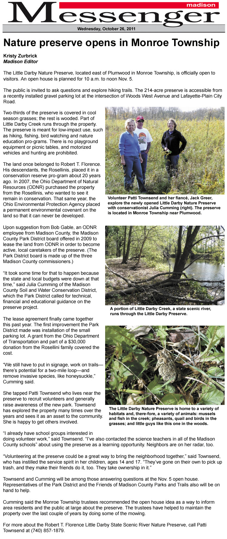 10-26-11 - Madison Messenger article:  Nature preserve opens in Monroe Township