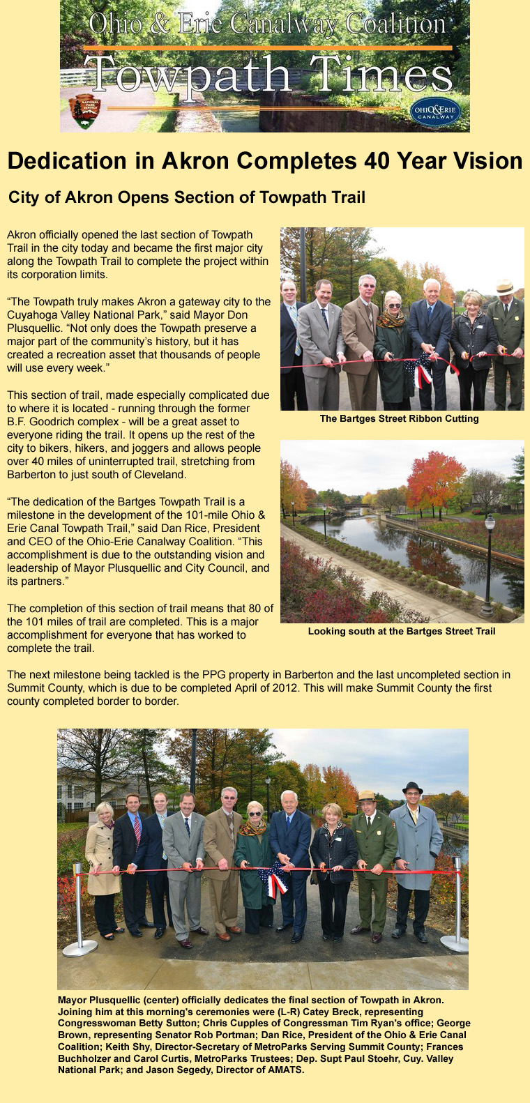 10-26-11 - Towpath Times article:  Dedication in Akron Completes 40 Year Vision