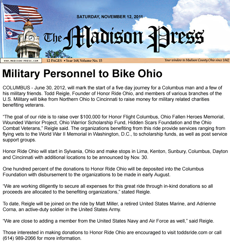 11-12-11 - Madison Press article: Military Personnel to Bike Ohio