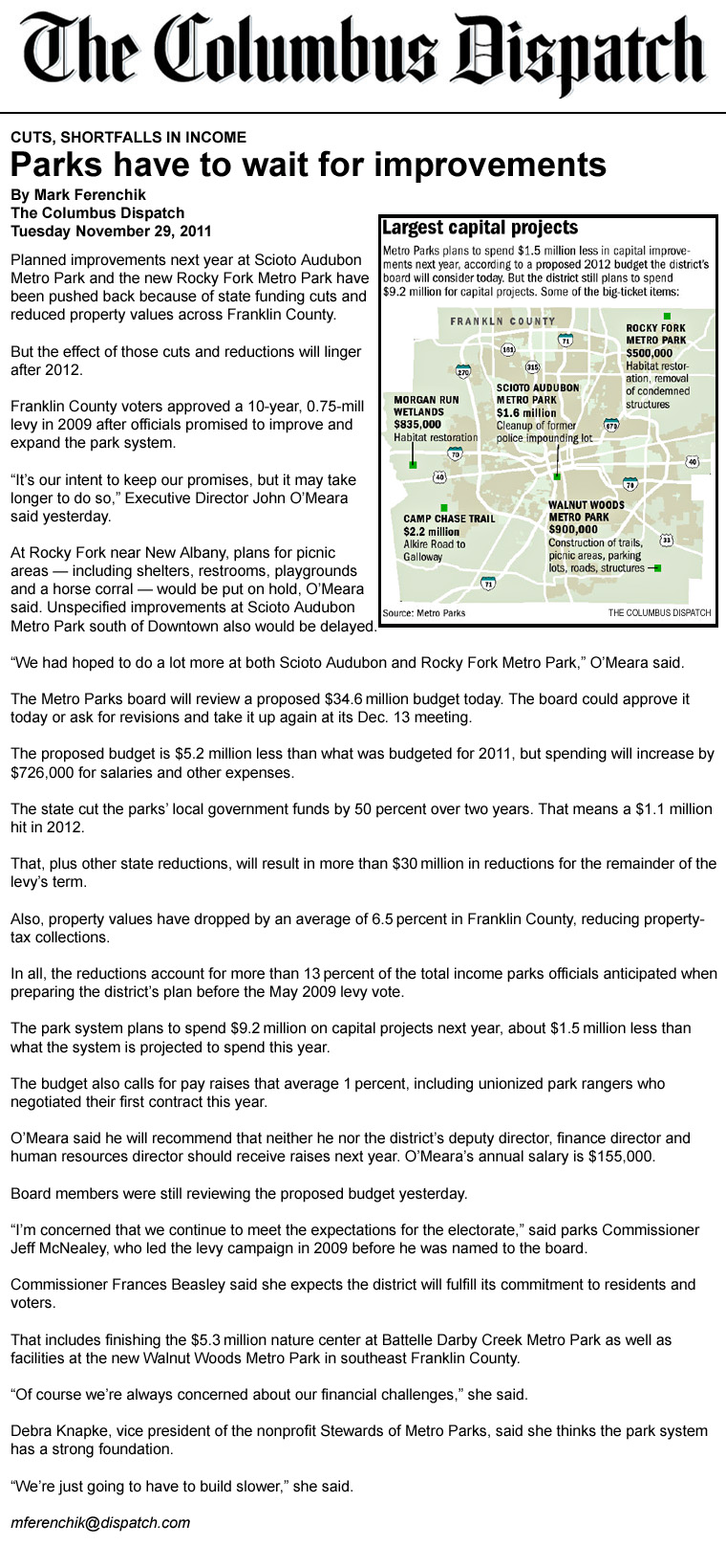 11-29-11 - Columbus Dispatch article:  Parks have to wait for improvements