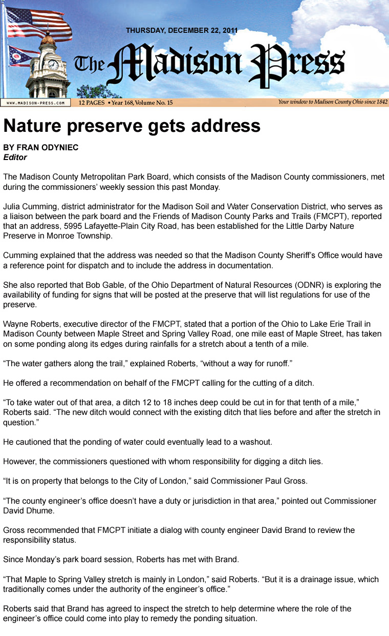 12-22-11 - Madison Press article:  Nature preserve gets address