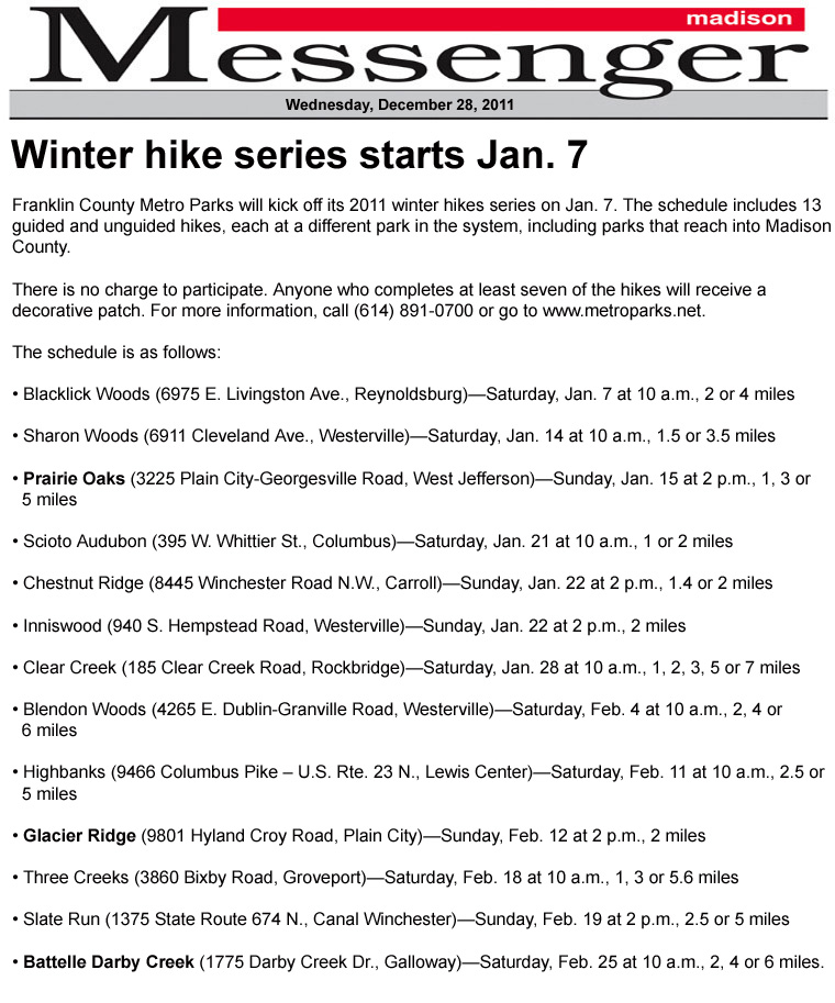 12-28-11 - Madison Messenger article: Winter hike series starts Jan. 7