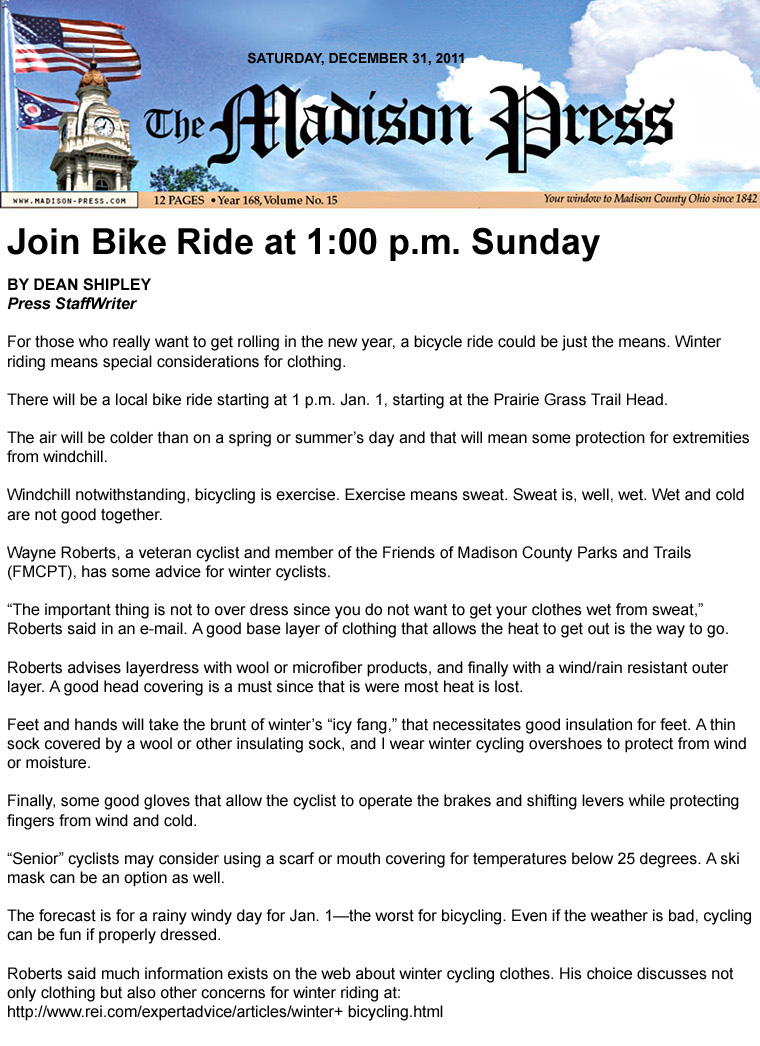 12-31-11 - Madison Press article: Join Bike Ride at 1:00 p.m. Sunday