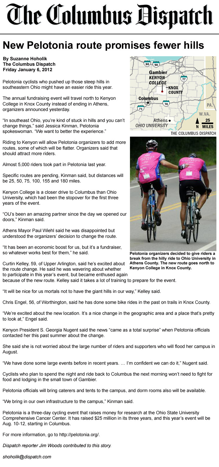 01-06-12 - Columbus Dispatch article: New Pelotonia route promises fewer hills