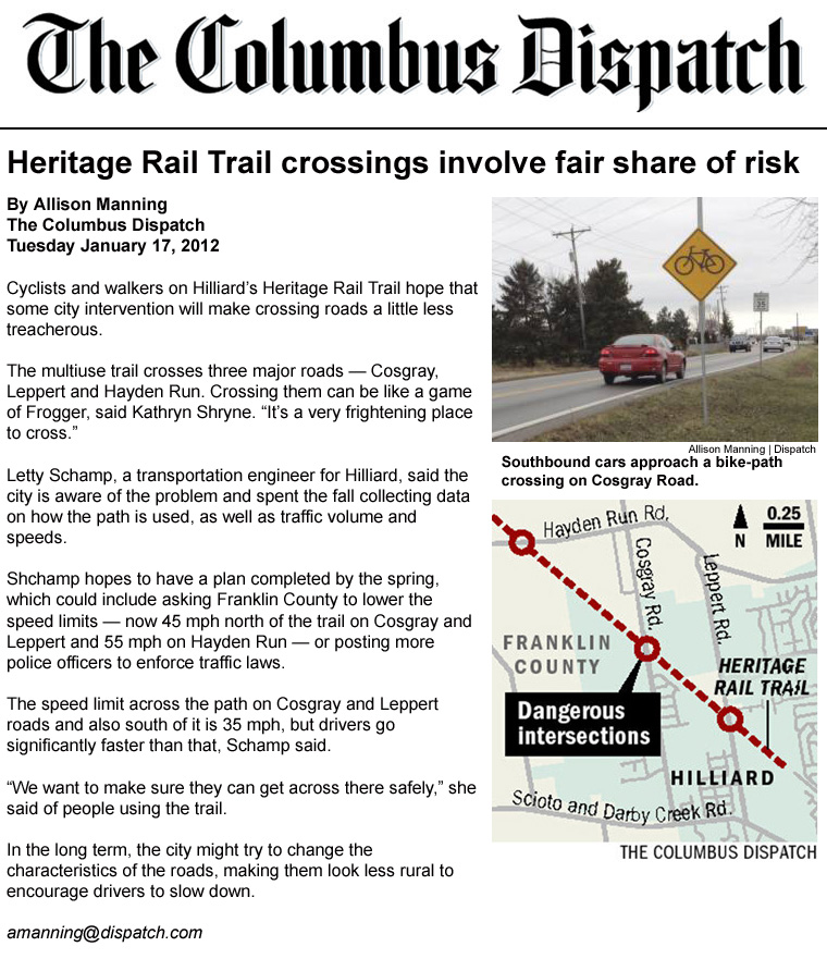 01-17-12 - Columbus Dispatch article: Heritage Rail Trail crossings involve fair share of risk