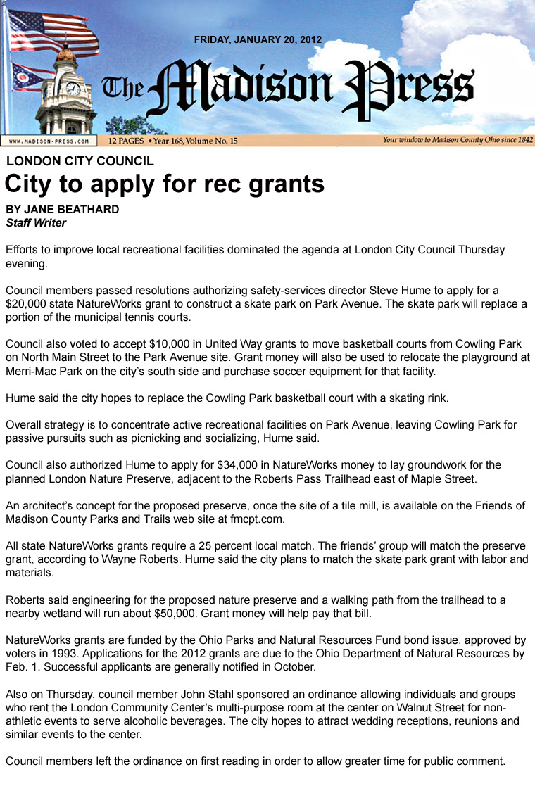 01-20-12 - Madison Press article: City to apply for rec grants