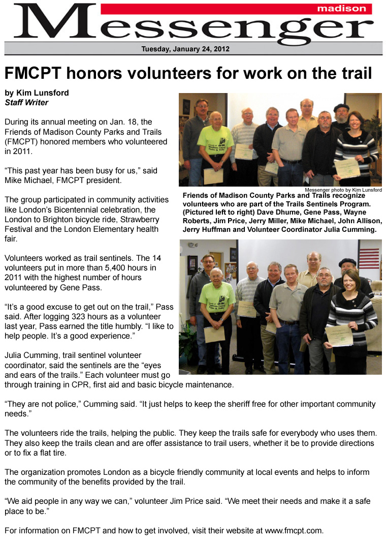 01-24-12 - Madison Messenger article: FMCPT honors volunteers for work on the trail