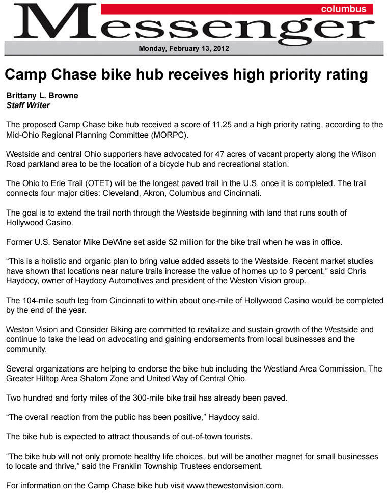 02-13-12 - Columbus Messenger article:  Camp Chase bike hub receives high priority rating