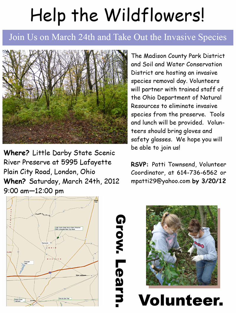 03-06-12 - Join us at the invasive species removal day scheduled for Saturday, March 24, 2012 at the Little Darby State Scenic River Preserve