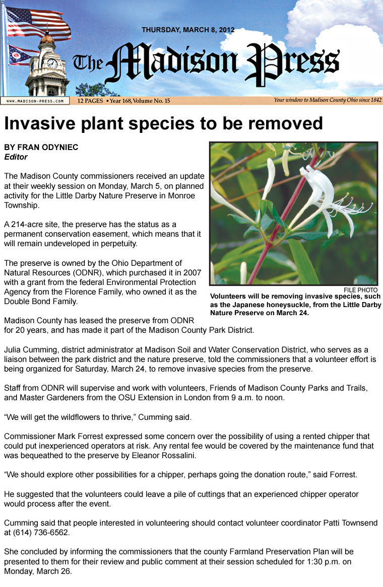 03-08-12 - Madison Press article: Invasive plant species to be removed