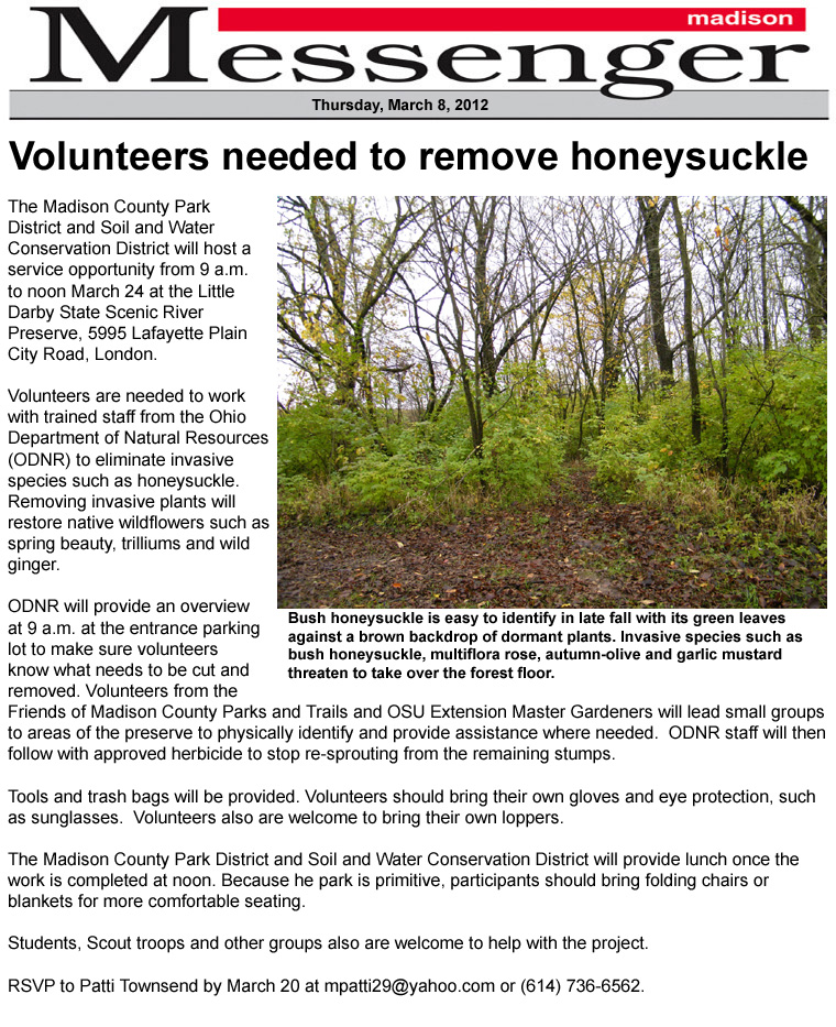 03-08-12 - Madison Messenger article: Volunteers needed to remove honeysuckle