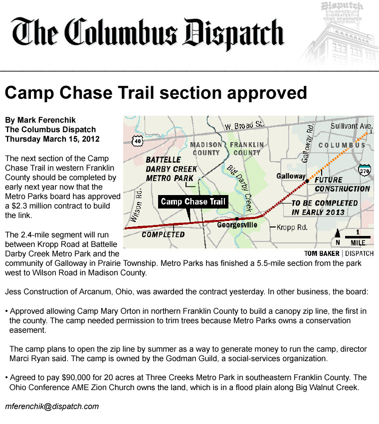 03-15-12 - Columbus Dispatch article:  Camp Chase Trail section approved