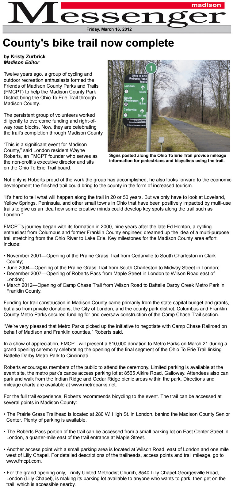 03-16-12 - Madison Messenger article:  County's bike trail now complete