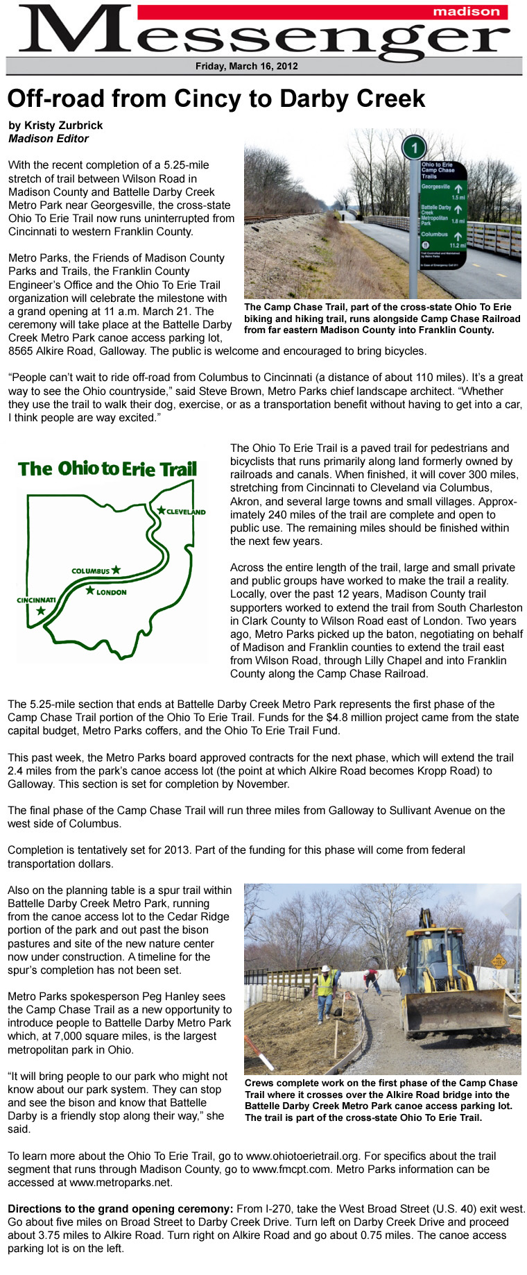 03-16-12 - Madison Messenger article:  Off-road from Cincy to Darby Creek