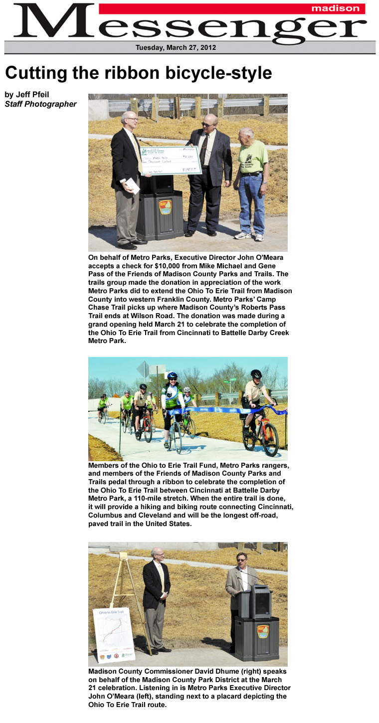 03-27-12 - Madison Messenger article:  Cutting the ribbon bicycle-style