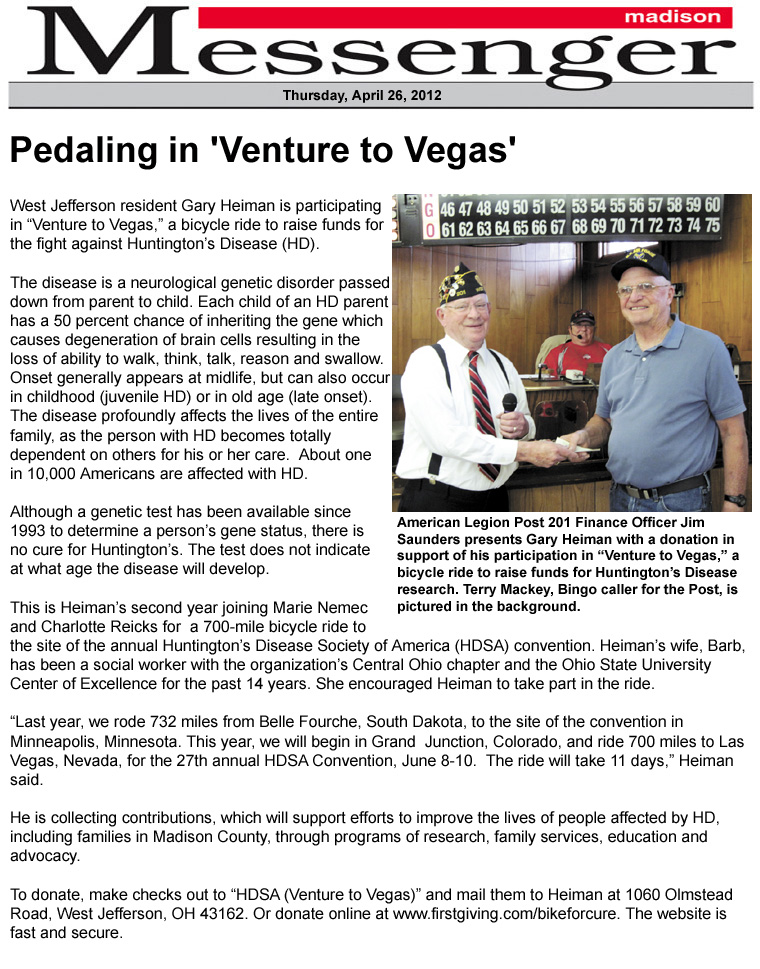 04-26-12 - Madison Messenger article: Pedaling in 'Venture to Vegas'