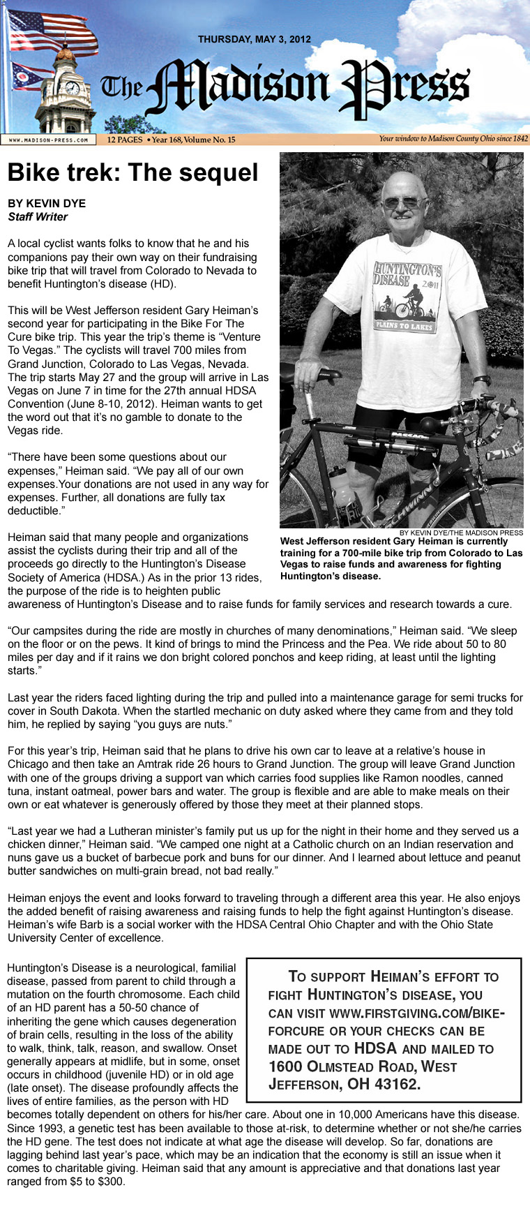 05-03-12 - Madison Press article: Bike trek: The sequel