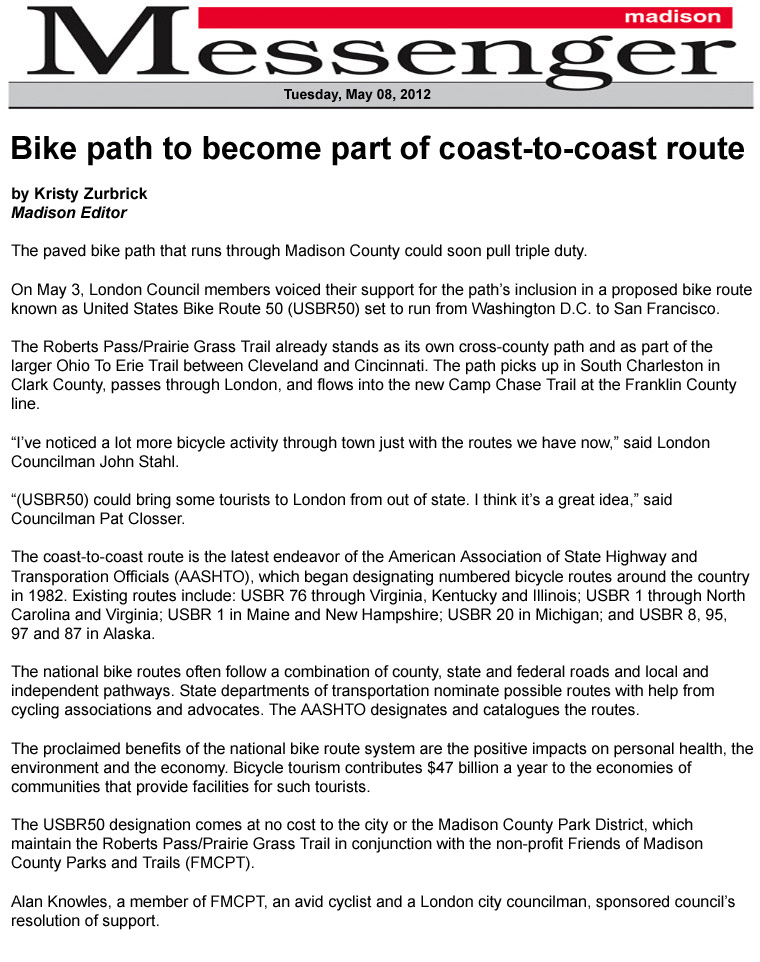 05-08-12 - Madison Messenger article: Bike path to become part of coast-to-coast route