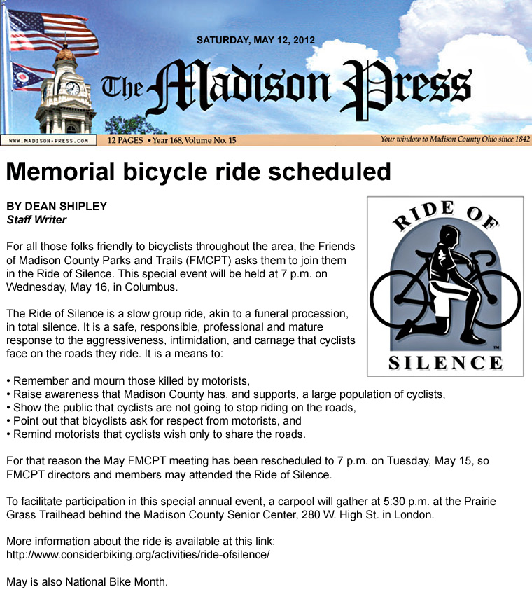 05-12-12 - Madison Press article: Memorial bicycle ride scheduled