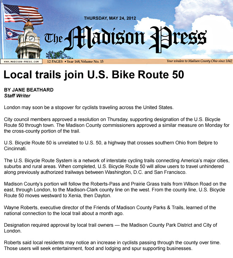 05-24-12 - Madison Press article: Local trails join U.S. Bike Route 50