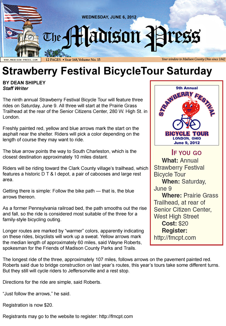 06-06-12 - Madison Press article: Strawberry Festival BicycleTour Saturday