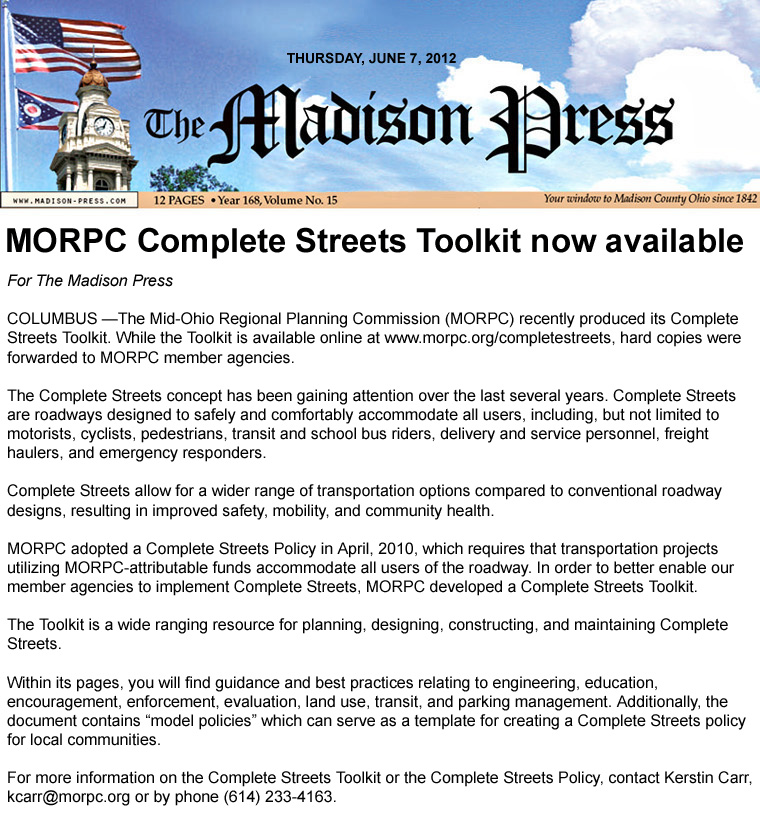 06-07-12 - Madison Press article: MORPC Complete Streets Toolkit now available