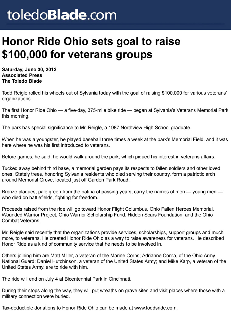 06-30-12 - Toledo Blade article: Honor Ride Ohio sets goal to raise $100,000 for veterans groups