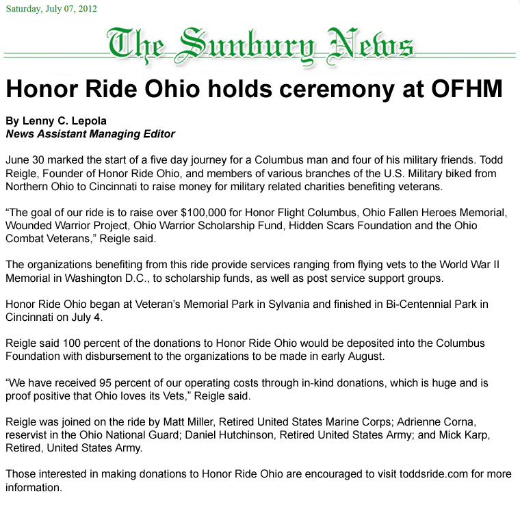 07-07-12 - Sunbury News article: Honor Ride Ohio holds ceremony at OFHM