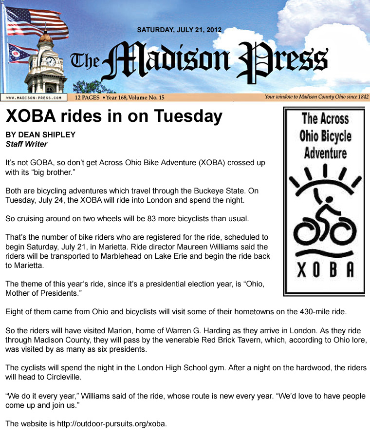 07-21-12 - Madison Press article: XOBA rides in on Tuesday