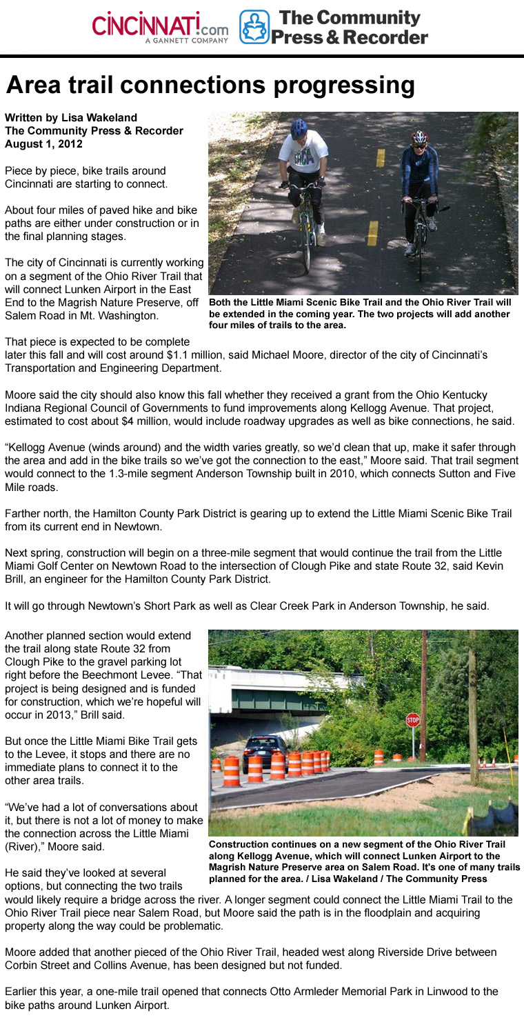 08-01-12 - Cincinnati Community Press & Recorder article: Area trail connections progressing