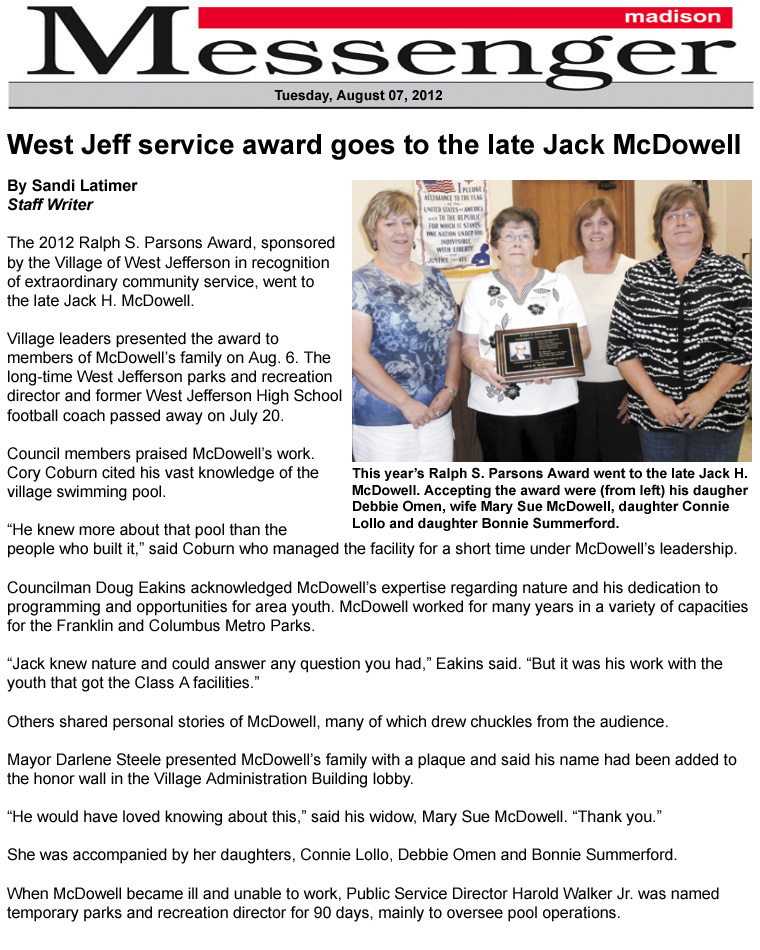 08-07-12  Madison Messenger article: West Jeff service award goes to the late Jack McDowell