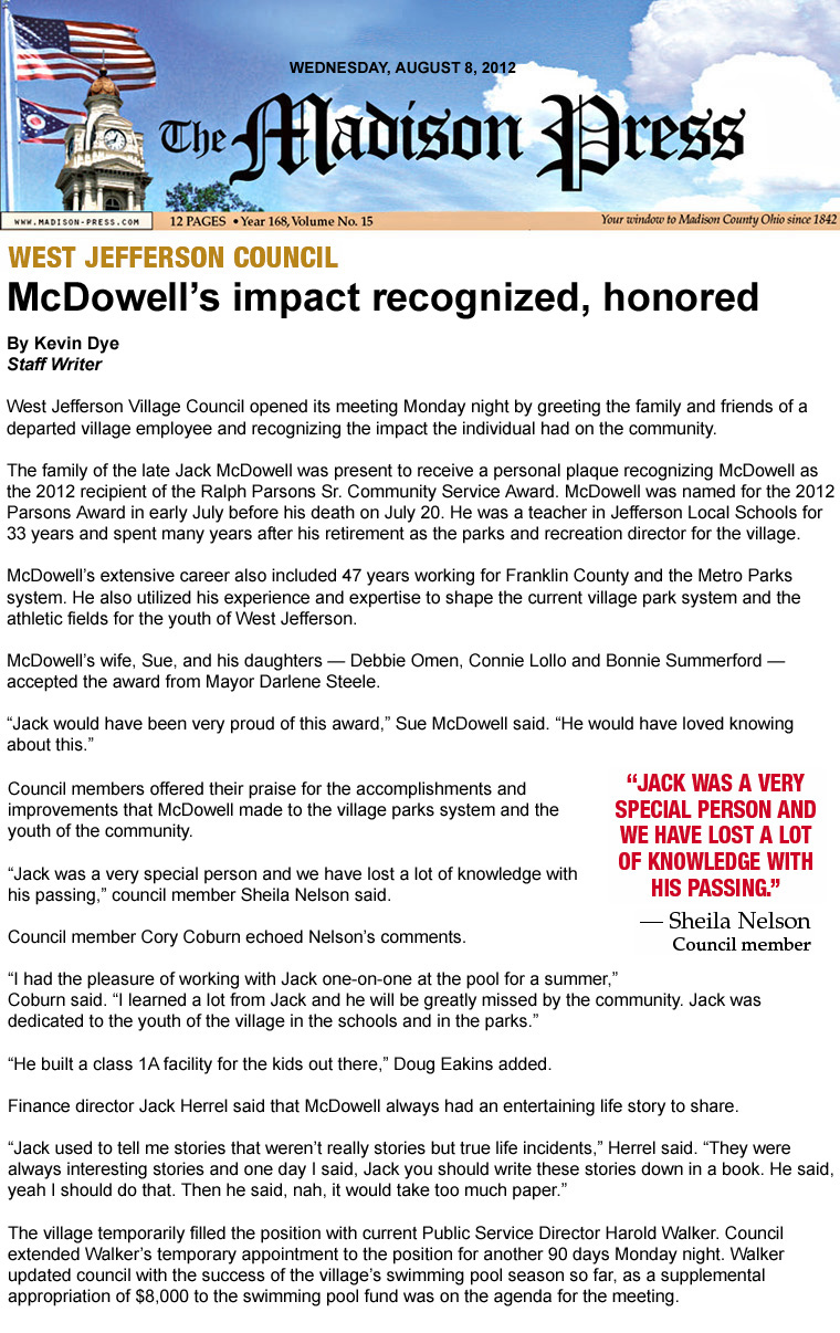 08-08-12 - Madison Press article: McDowell's impact recognized, honored