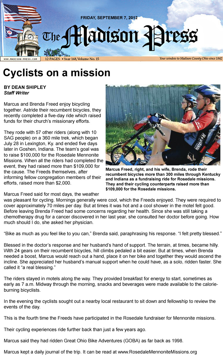 09-07-12 - Madison Press article: Cyclists on a mission