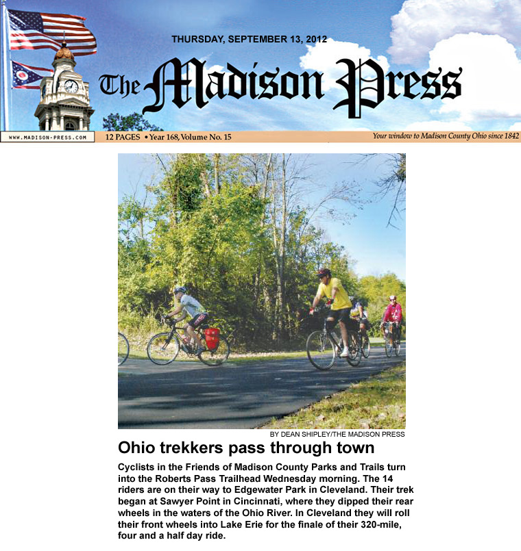 09-13-12 - Madison Press article: Ohio trekkers pass through town