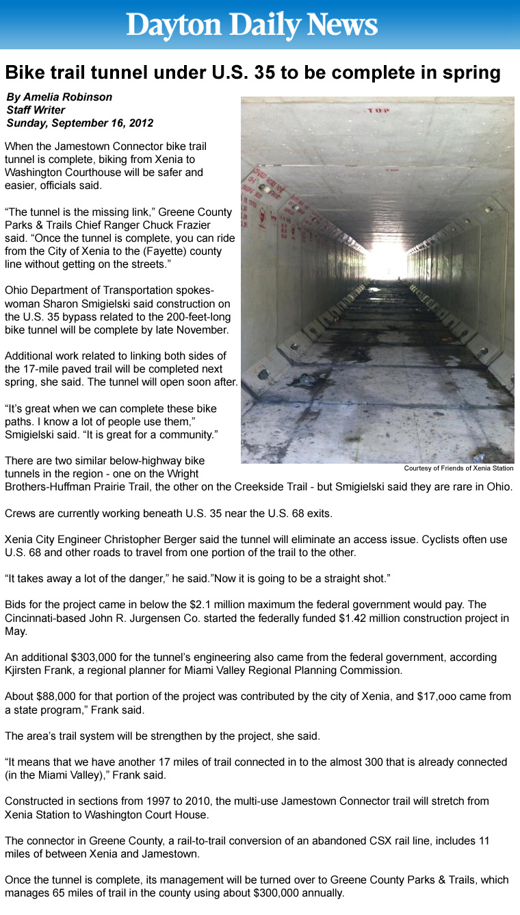 09-16-12 - Dayton Daily News article: Bike trail tunnel under U.S. 35 to be complete in spring