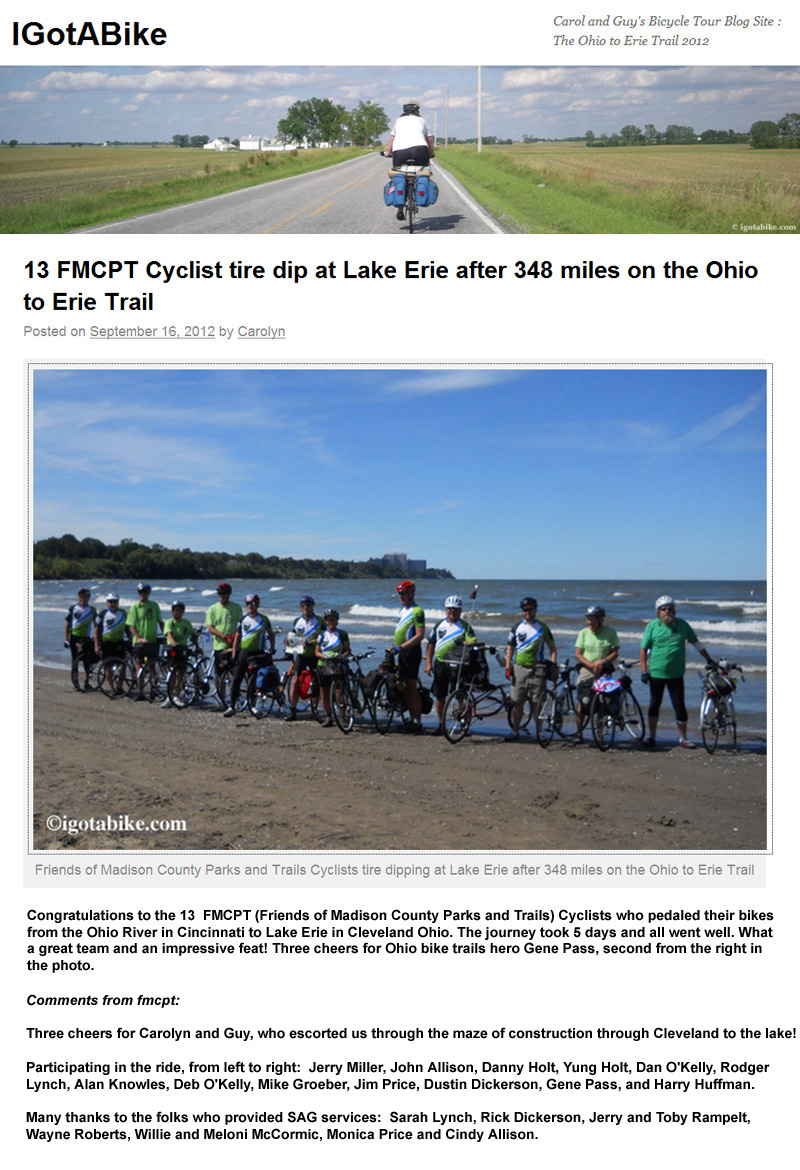 09-16-12 - igotabike blog posting: 13 FMCPT Cyclists tire dip at Lake Erie after 348 miles on the Ohio to Erie Trail