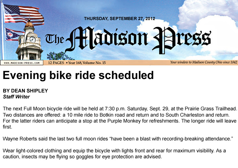 09-27-12 - Madison Press article: Evening bike ride scheduled