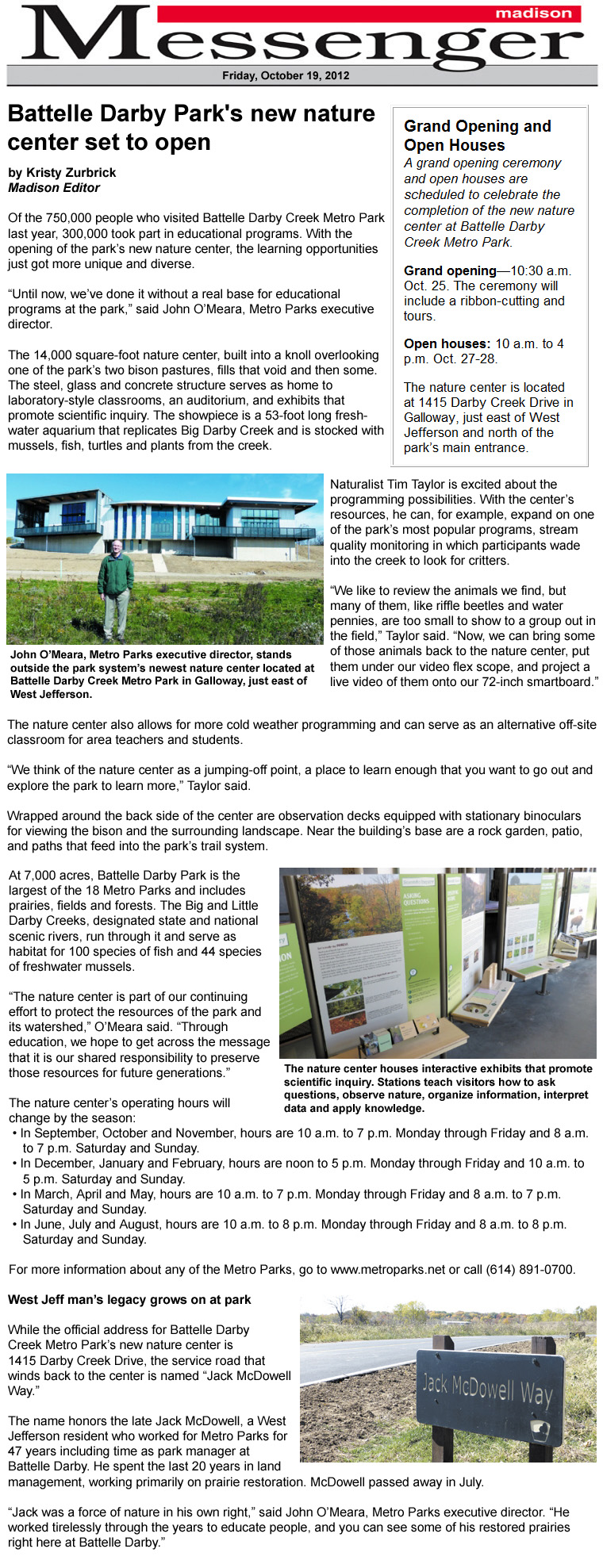 10-19-12  Madison Messenger article: Battelle Darby Park's new nature center set to open