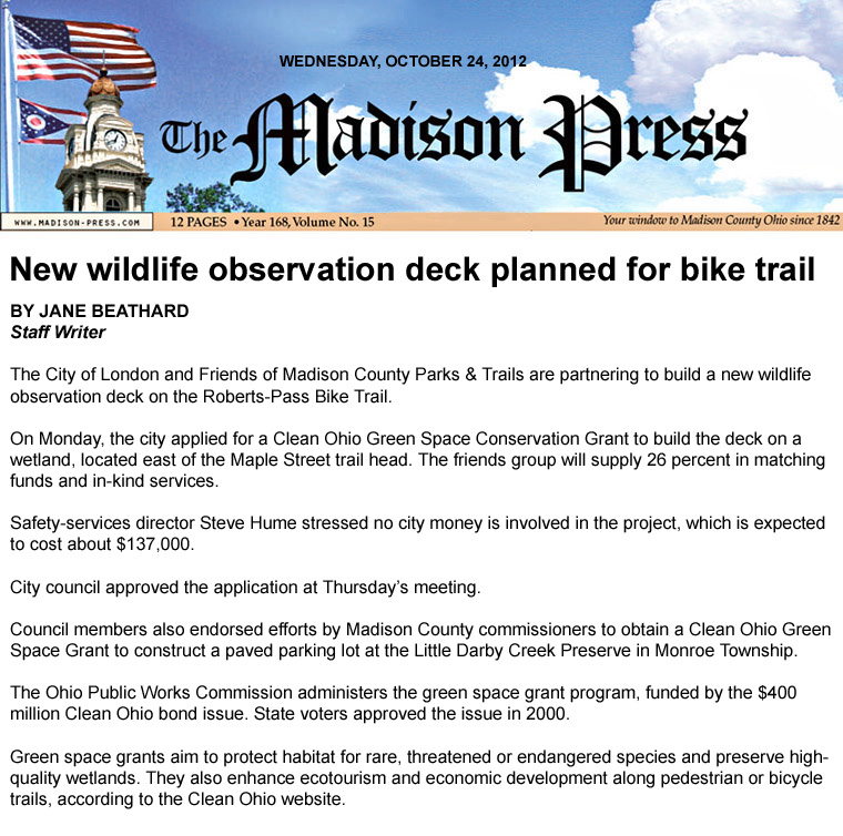 10-24-12 - Madison Press article: New wildlife observation deck planned for bike trail