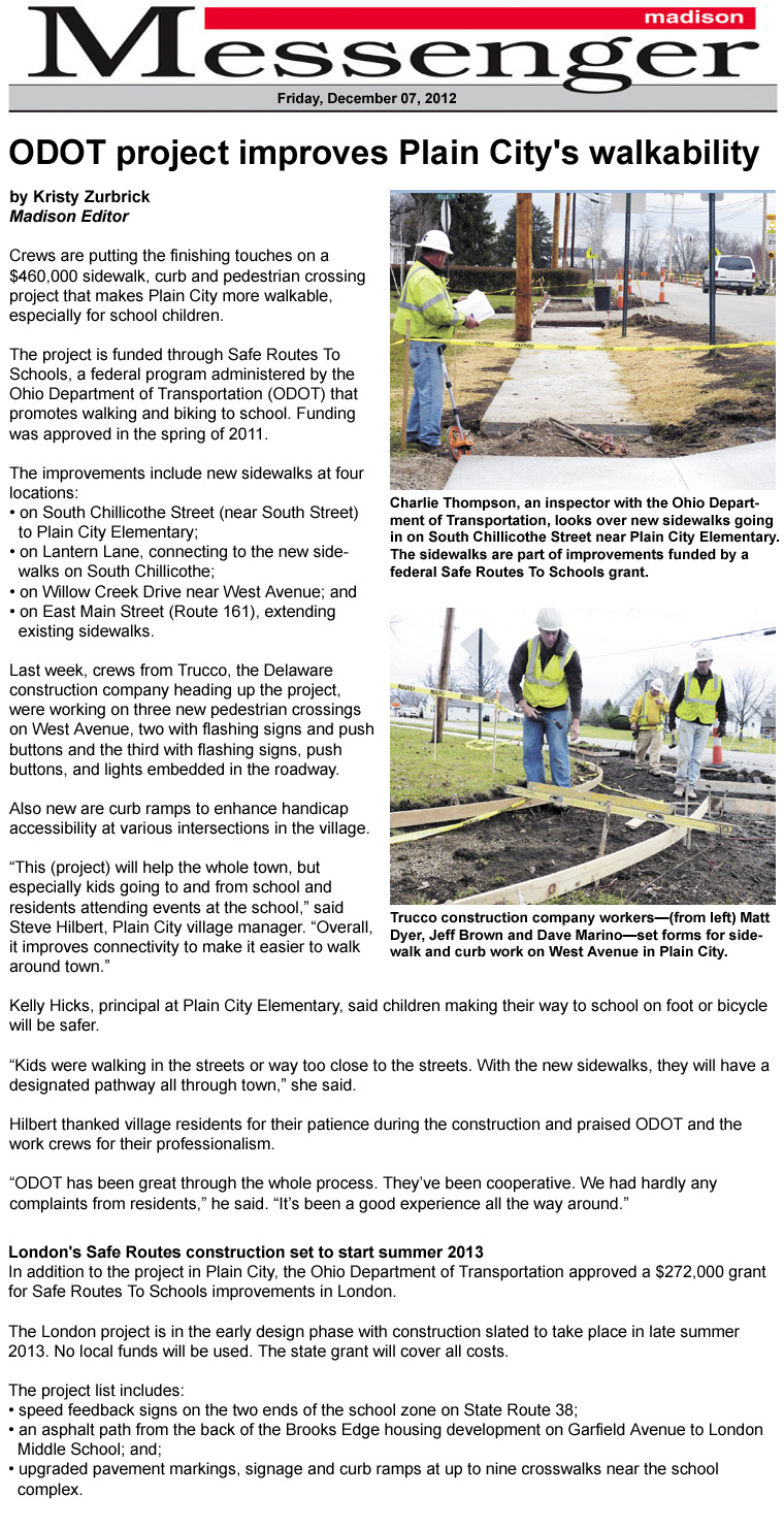 12-07-12 - Madison Messenger article: ODOT project improves Plain City's walkability