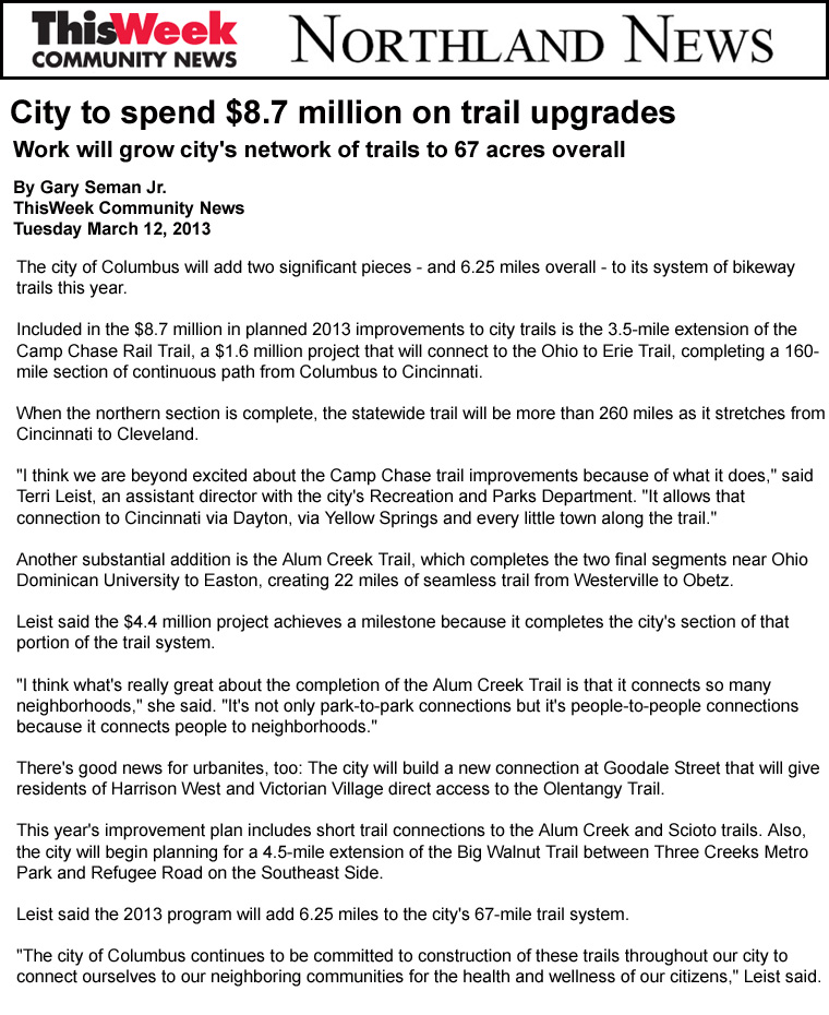 03-12-13 - ThisWeek Community News - City to spend $8.7 million on trail upgrades