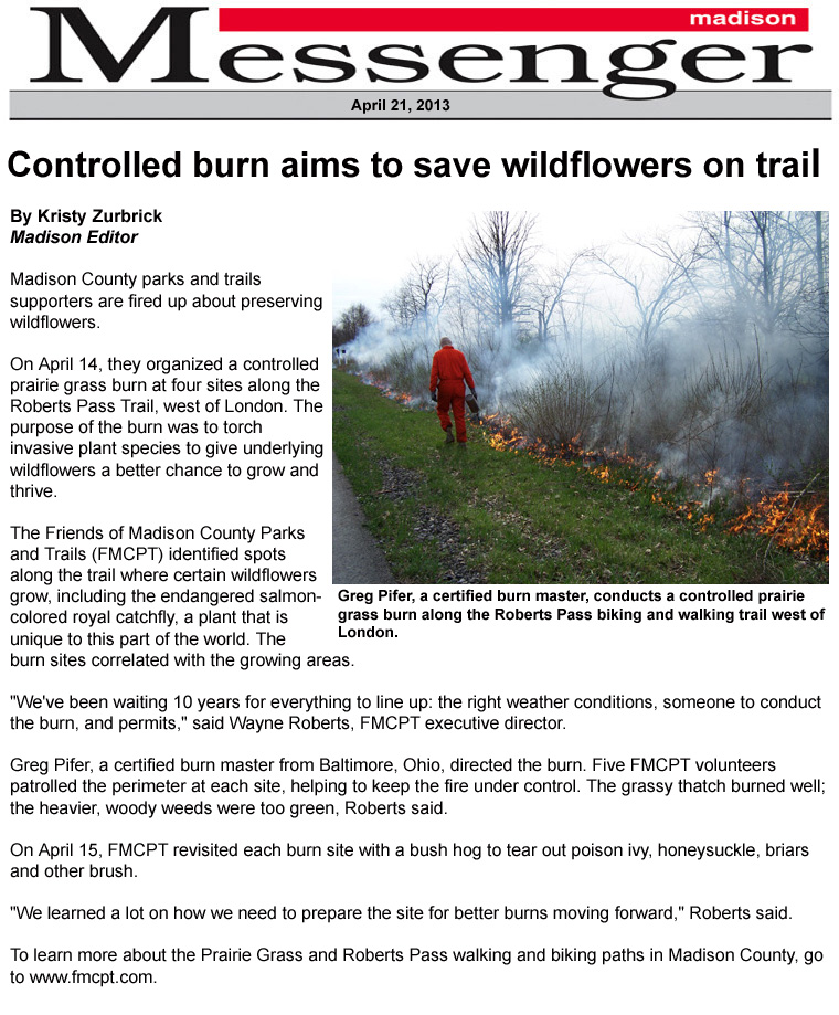 04-21-13 - Madison Messenger article: Controlled burn aims to save wildflowers on trail