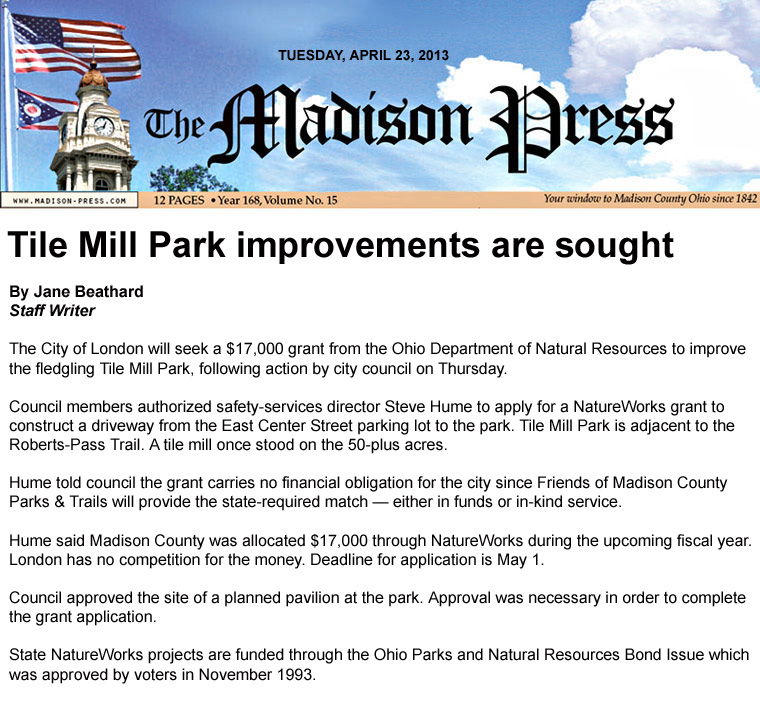 04-23-13 - Madison press article:  Tile Mill Park improvements are sought