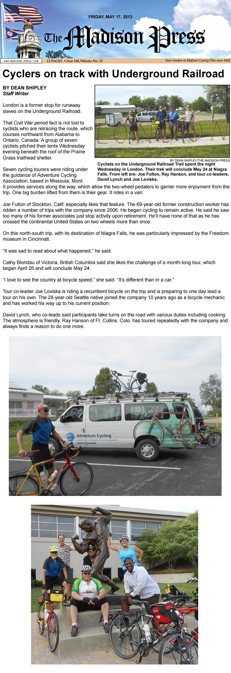 05-17-13 - Madison Press article:  Cyclers on track with Underground Railroad