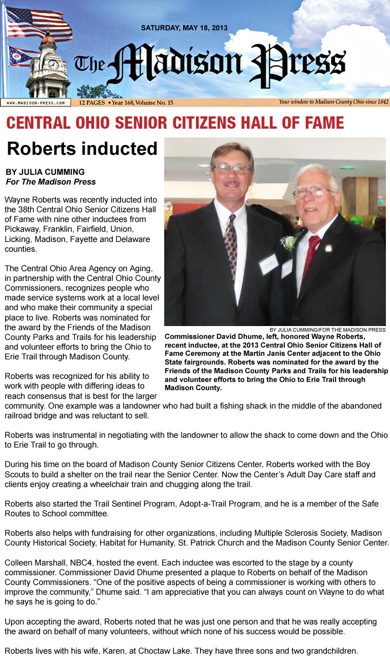 05-18-13 - Madison Press article:  Roberts inducted