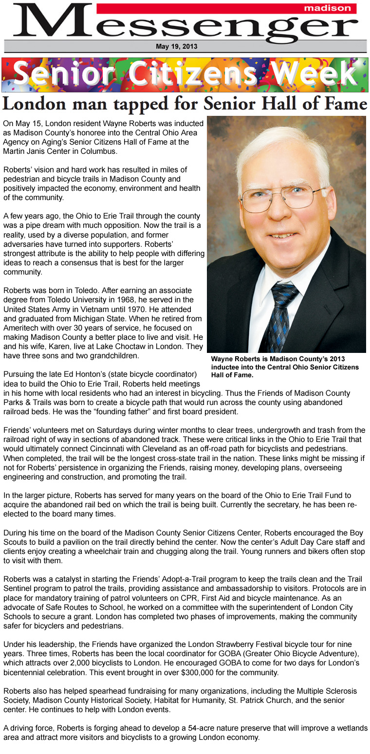 05-19-13 - Madison Messenger article: London man tapped for Senior Hall of Fame