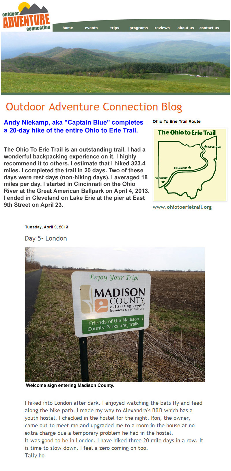 05-31-13 - Andy Niekamp, aka Captain Blue completes a 20-day hike of the entire Ohio to Erie Trail.