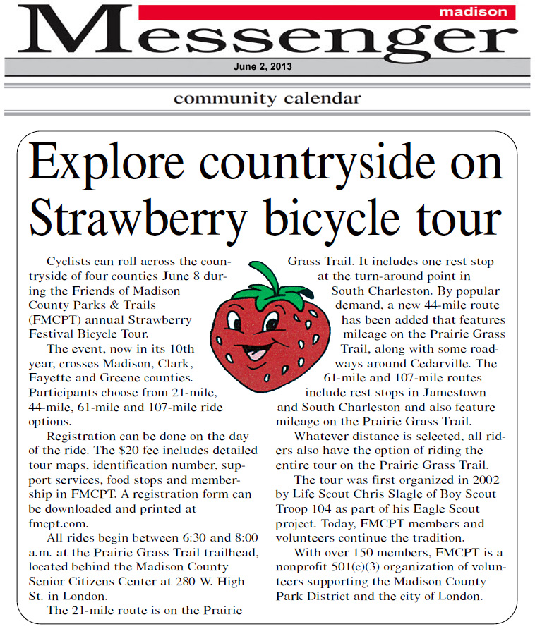 06-02-13 - Madison Messenger article:  Explore countryside on Strawberry bicycle tour