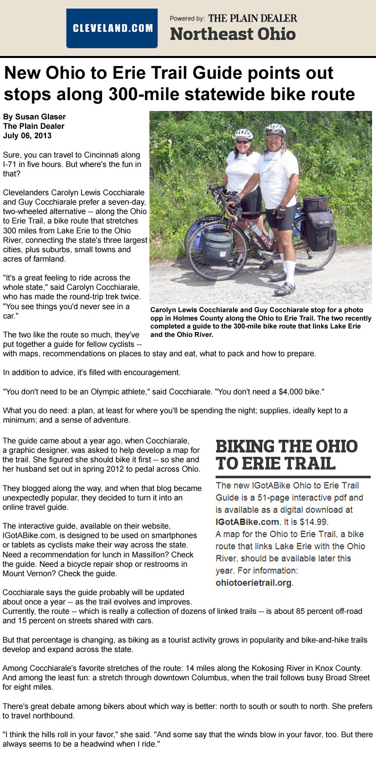 07-06-13 - Cleveland Plain Dealer article:  New Ohio to Erie Trail Guide points out stops along 300-mile statewide bike route