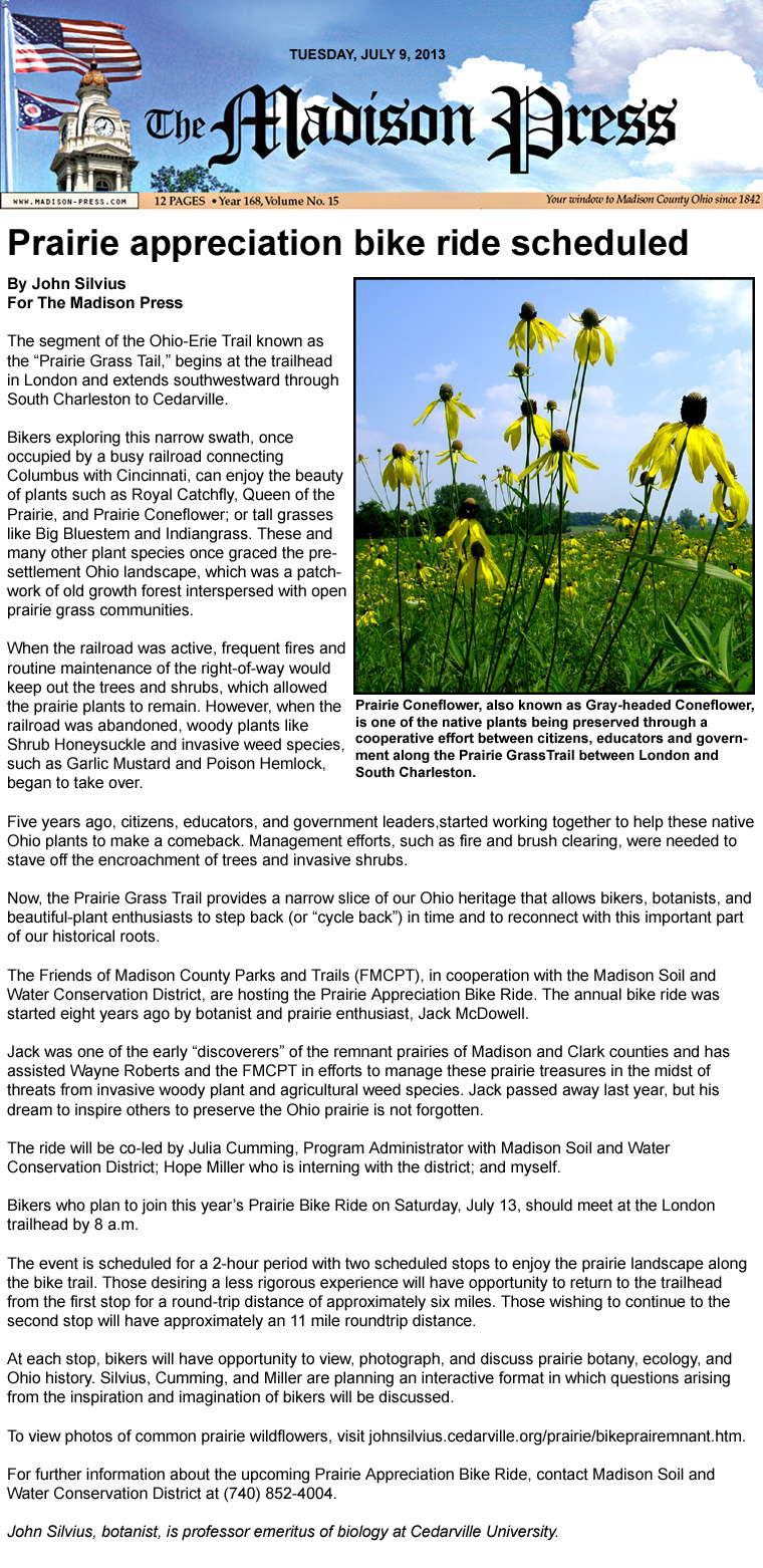 07-09-13 - Madison Press article:  Prairie appreciation bike ride scheduled